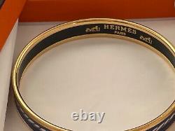 HERMES ENAMEL navy narrow BRACELET yellow gold plated BORDER in box