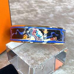 HERMES Email Bangle Bracelet Black Blue Enamel Hand Fan Gold Rim GM 65 withBox