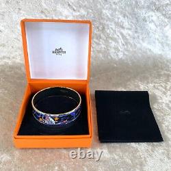HERMES Email Bangle Bracelet Black Blue Enamel Hand Fan Gold Rim GM 65 withBox