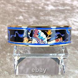 HERMES Email Bangle Bracelet Black Blue Enamel Hand Fan Gold Rim GM 65 withBox