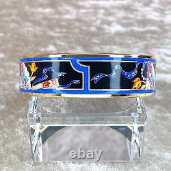 HERMES Email Bangle Bracelet Black Blue Enamel Hand Fan Gold Rim GM 65 withBox