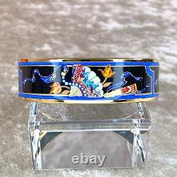 HERMES Email Bangle Bracelet Black Blue Enamel Hand Fan Gold Rim GM 65 withBox