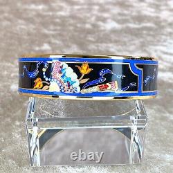 HERMES Email Bangle Bracelet Black Blue Enamel Hand Fan Gold Rim GM 65 withBox