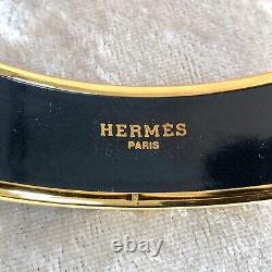 HERMES Email Bangle Bracelet Black Blue Enamel Hand Fan Gold Rim GM 65 withBox