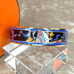 HERMES Email Bangle Bracelet Black Blue Enamel Hand Fan Gold Rim GM 65 withCase