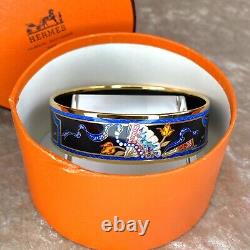 HERMES Email Bangle Bracelet Black Blue Enamel Hand Fan Gold Rim GM 65 withCase