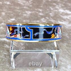 HERMES Email Bangle Bracelet Black Blue Enamel Hand Fan Gold Rim GM 65 withCase