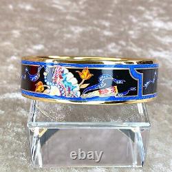 HERMES Email Bangle Bracelet Black Blue Enamel Hand Fan Gold Rim GM 65 withCase