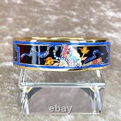 HERMES Email Bangle Bracelet Black Blue Enamel Hand Fan Gold Rim GM 65 withCase