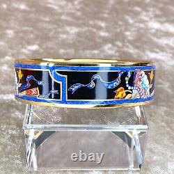 HERMES Email Bangle Bracelet Black Blue Enamel Hand Fan Gold Rim GM 65 withCase