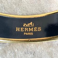 HERMES Email Bangle Bracelet Black Blue Enamel Hand Fan Gold Rim GM 65 withCase