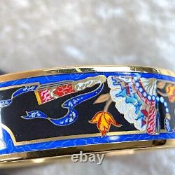 HERMES Email Bangle Bracelet Black Blue Enamel Hand Fan Gold Rim GM 65 withCase