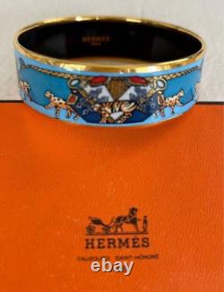 HERMES Email GM Bangle Bracelet Leopard Light blue Enamel Gold Rim Vintage