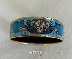 HERMES Email GM Bangle Bracelet Leopard Light blue Enamel Gold Rim Vintage