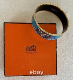 HERMES Email GM Bangle Bracelet Leopard Light blue Enamel Gold Rim Vintage