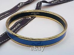 HERMES Emaile Enamel Horse Carriage Calech BLUE x GOLD Bangle PM Bracelet