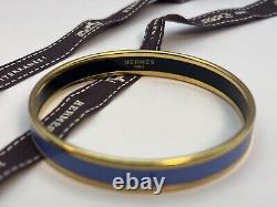 HERMES Emaile Enamel Horse Carriage Calech BLUE x GOLD Bangle PM Bracelet