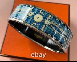 HERMES Enamel Bangle Bracelet Blue Silver Hardware with Original Box Authentic