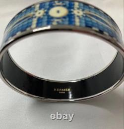 HERMES Enamel Bangle Bracelet Blue Silver Hardware with Original Box Authentic