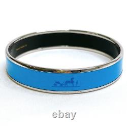 HERMES Enamel Bangle Bracelet Blue Silvertone Horse Carriage Authentic JAPAN