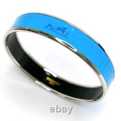 HERMES Enamel Bangle Bracelet Blue Silvertone Horse Carriage Authentic JAPAN