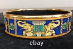 HERMES Enamel Bangle Bracelet Elephant Pattern Gold Rim Blue Fashion Item Auth