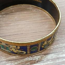 HERMES Enamel Bangle Bracelet Elephant Pattern Gold Rim Blue Fashion Item Auth