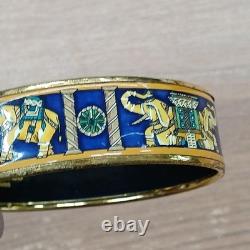 HERMES Enamel Bangle Bracelet Elephant Pattern Gold Rim Blue Fashion Item Auth