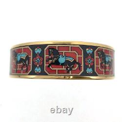 HERMES Enamel Bangle Bracelet GM Gold Red Black Blue Horse Size 62 Authentic