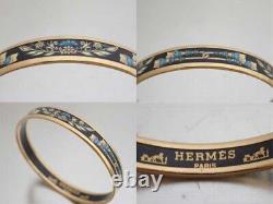 HERMES Enamel Bangle Bracelet Leaf Plant Gold Black Blue Women Auth R1033