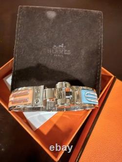 HERMÈS Enamel Bangle Bracelet Orange Blue Silver Tone Geometric Design Signed