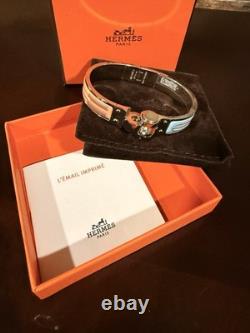 HERMÈS Enamel Bangle Bracelet Orange Blue Silver Tone Geometric Design Signed