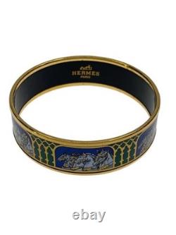 HERMES Enamel Bangle Horse Design Gold Blue Size 21
