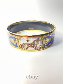 HERMES Enamel Bangle MM Bracelet Equestrian Horse Blue Gold Plated 62 Authentic