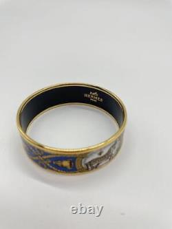 HERMES Enamel Bangle MM Bracelet Equestrian Horse Blue Gold Plated 62 Authentic