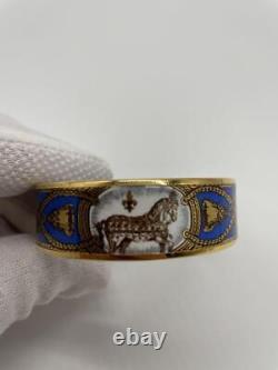 HERMES Enamel Bangle MM Bracelet Equestrian Horse Blue Gold Plated 62 Authentic