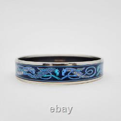 HERMES Enamel Bangle PM Bracelet Horse Motif Blue Silver Seahorse Size 65 with Box