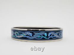 HERMES Enamel Bangle PM Bracelet Horse Motif Blue Silver Seahorse Size 65 with Box