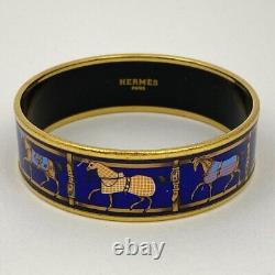 HERMES Enamel Emaile GM Cloisonne Bracelet Wide Bangle GP Gold Blue Ladies