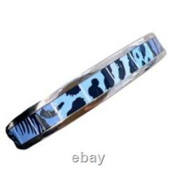 HERMES Enamel Emaile PM Blue x Silver Cloisonne Bangle Bracelet Ladies Jewelry