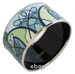 HERMES Enamel Extra Wide Bangle Bracelet Palladium Plated Horse Blue Green