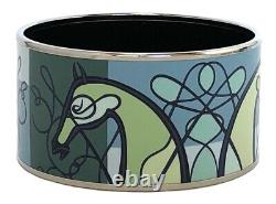 HERMES Enamel Extra Wide Bangle Bracelet Palladium Plated Horse Blue Green