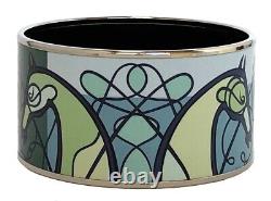 HERMES Enamel Extra Wide Bangle Bracelet Palladium Plated Horse Blue Green