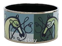 HERMES Enamel Extra Wide Bangle Bracelet Palladium Plated Horse Blue Green