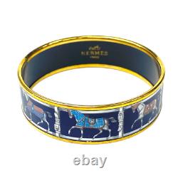 HERMES Enamel GM Cloisonné Bracelet Horse Bangle Blue & Gold Accessory