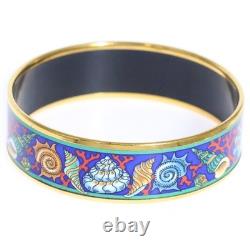 HERMES Enamel GM Shell Motif Bangle Bracelet Blue Gold