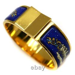 HERMES Enamel Loquet Bangle GM Bracelet Gold Plated Blue Horse Motif Printed