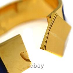 HERMES Enamel Loquet Bangle GM Bracelet Gold Plated Blue Horse Motif Printed