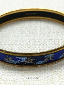 HERMES Enamel Narrow Bangle Bracelet Horse Print Gold Plated Blue Authentic