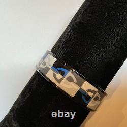 HERMES Enamel PM 65 Wide Bangle Bracelet Black rim, Black, white and blue